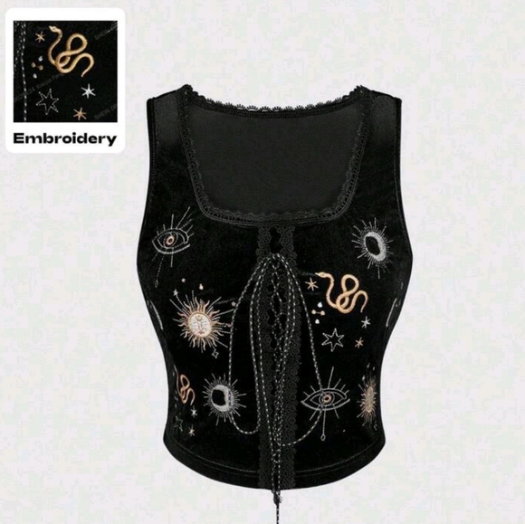 Tops - NEW Black Velvet Embroidered Lace-Up Crop Tank with Celestial Motif